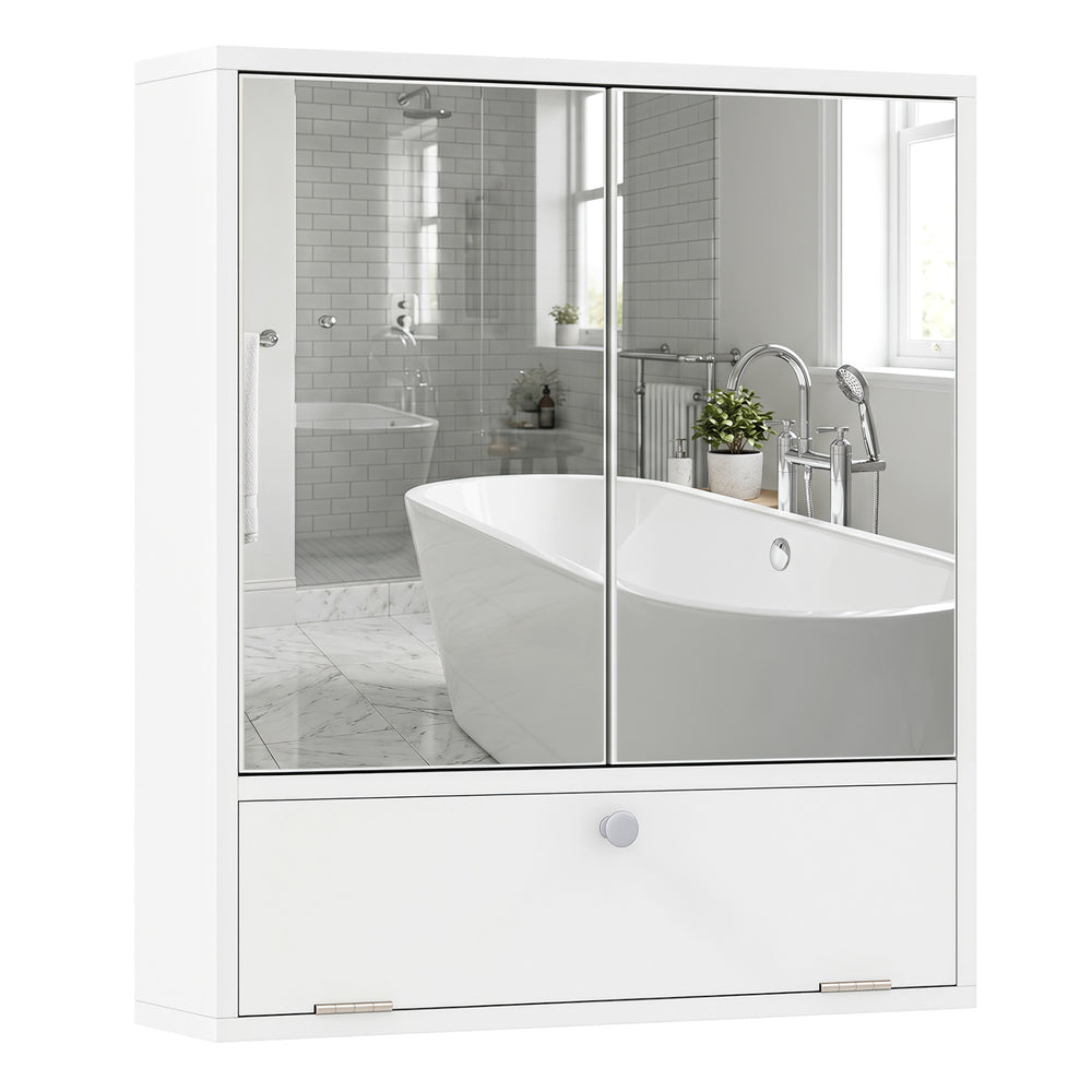 Double door wall-mounted bathroom mirrored medicine cabinet in white, featuring a minimalist design that enhances any bathroom decor.