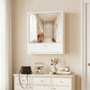 Wall-mounted double door mirrored medicine cabinet in white with adjustable shelves for organized bathroom storage.