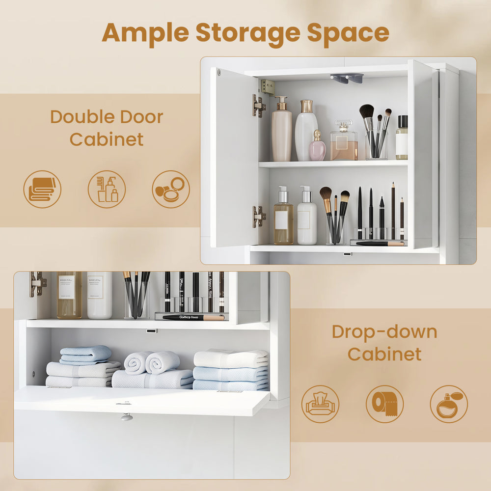 Double door wall-mounted bathroom mirrored medicine cabinet in white with a drop-down section for easy access to essentials.