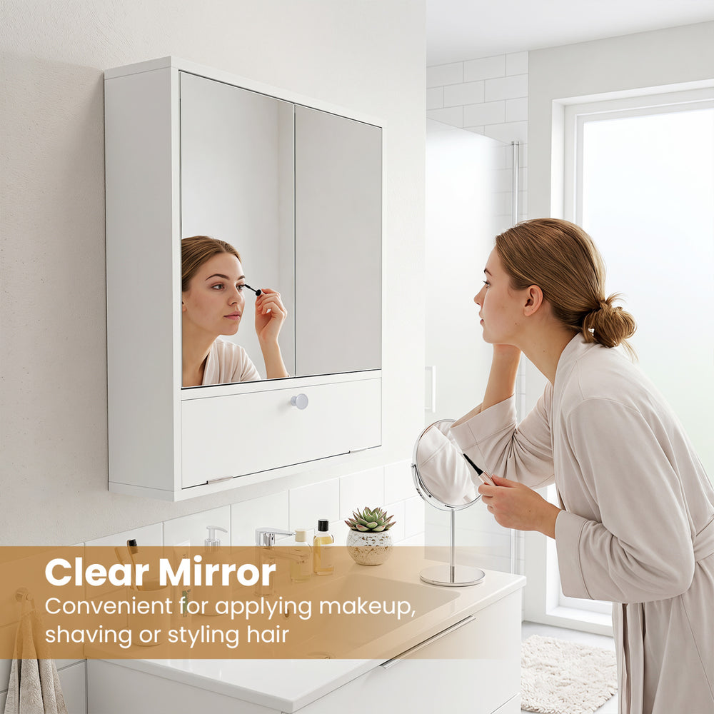 Double door wall-mounted bathroom mirrored medicine cabinet in white, ideal for makeup application and maximizing storage space.