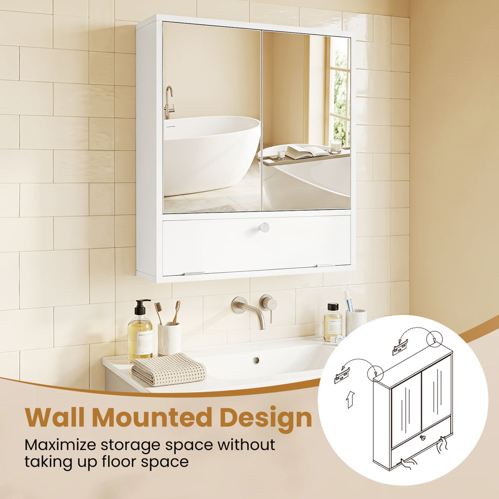 Double door wall-mounted bathroom mirrored medicine cabinet in white featuring a sleek design and pressure switch for easy access.