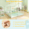 House-shaped double floor bed frame in white with safety guardrails, ideal for twins, made of natural pine wood.