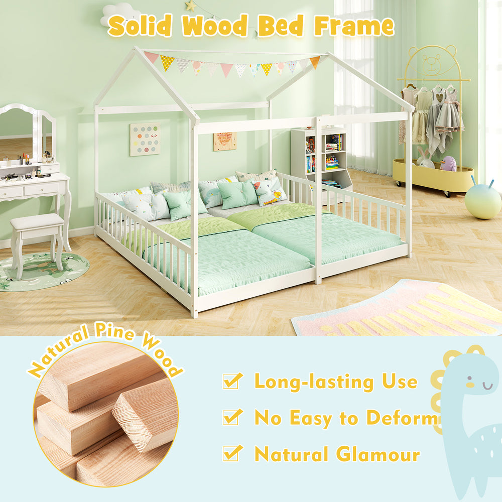 House-shaped double floor bed frame in white with safety guardrails, ideal for twins, made of natural pine wood.