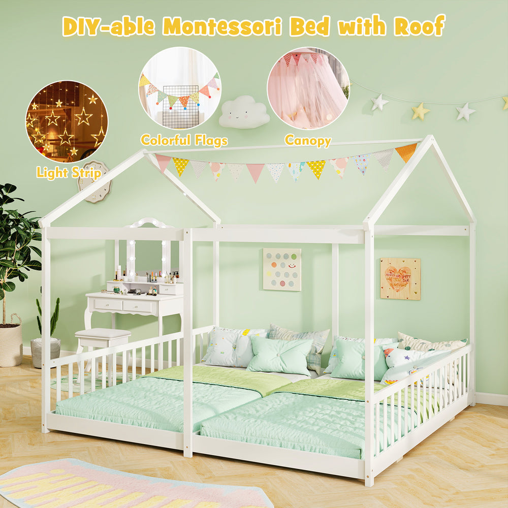 House-shaped double floor bed for twins in white with safety guardrails, ideal for DIY decorations and shared sleeping.