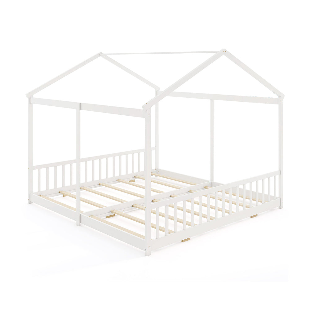 House-shaped double floor bed frame in white for twins, featuring safety guardrails and sturdy plywood slats.