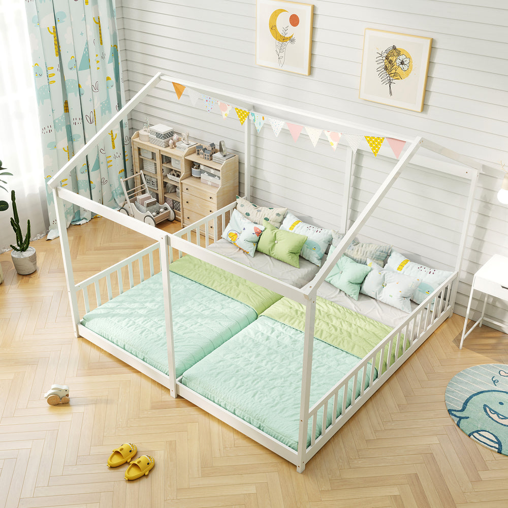 House-shaped double floor bed for twins in white, featuring safety guardrails and integrated twin beds for kids.