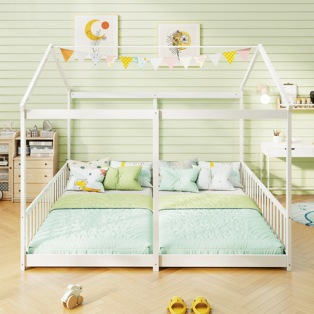 Double floor bed for twins in white with safety guardrails, featuring a house-shaped design for creative decoration.