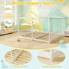 House-shaped double floor bed for twins in white with safety guardrails and sturdy plywood slats for reliable support.