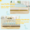 Low profile design and safety guardrails of the white double floor bed for twins, ideal for children's safety and.