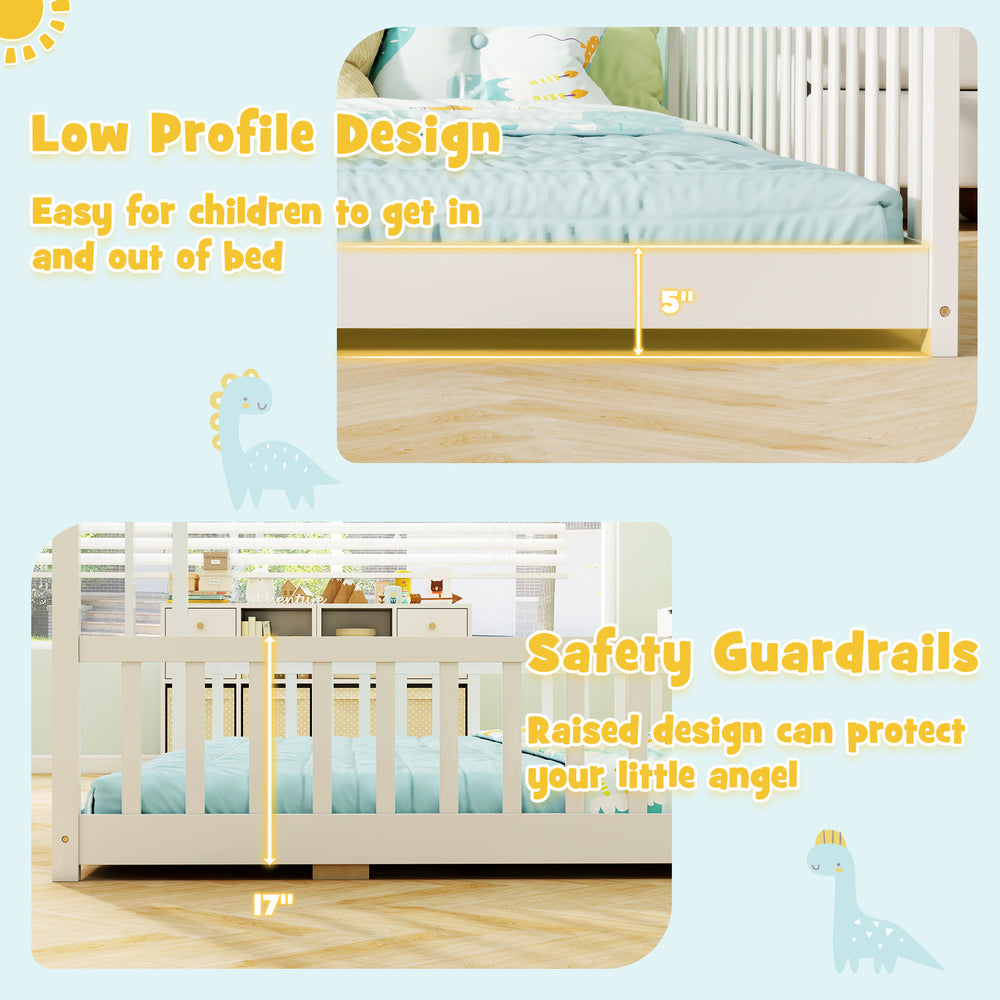 Low profile design and safety guardrails of the white double floor bed for twins, ideal for children's safety and.