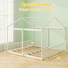 House-shaped double floor bed for twins in white with safety guardrails, dimensions 82" x 70", supports 250 lbs.