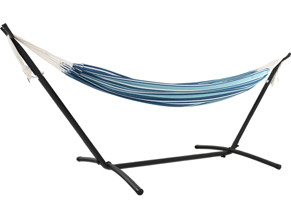 Double hammock set in blue with adjustable height, sturdy stand, and tropical design, perfect for backyard relaxation.