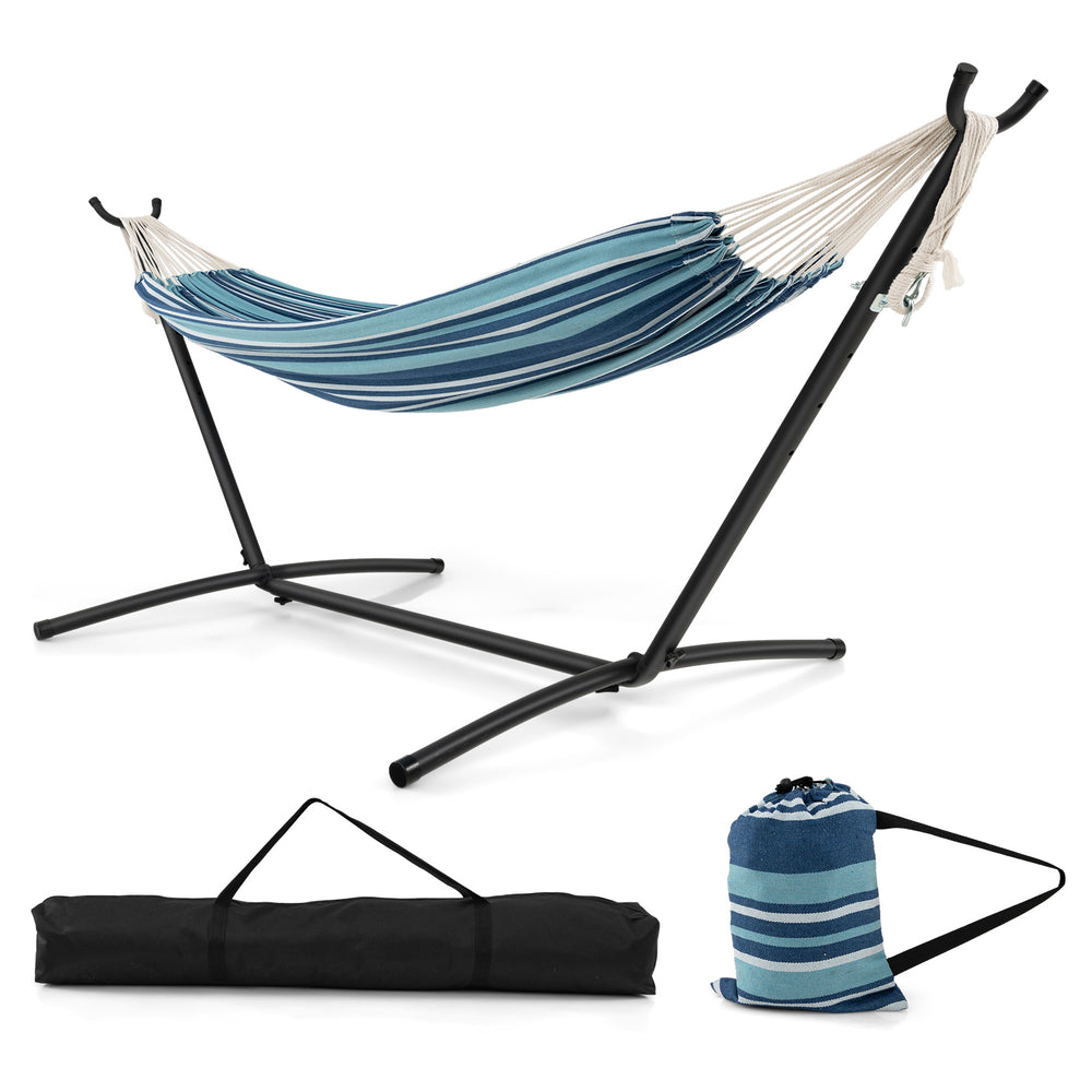 Blue double hammock set with stand, adjustable height, and carrying cases, perfect for outdoor relaxation and camping.