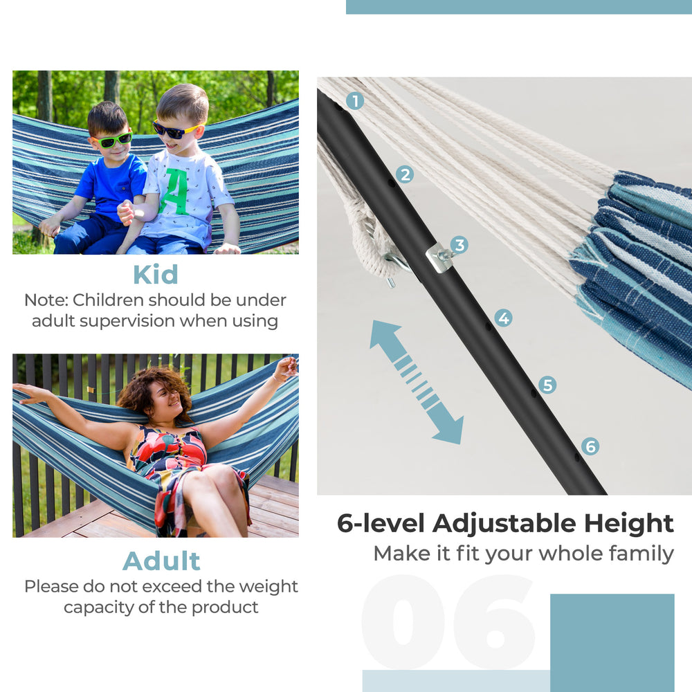 Portable double hammock set with 6-level adjustable height, featuring breathable fabric and sturdy metal support rings.