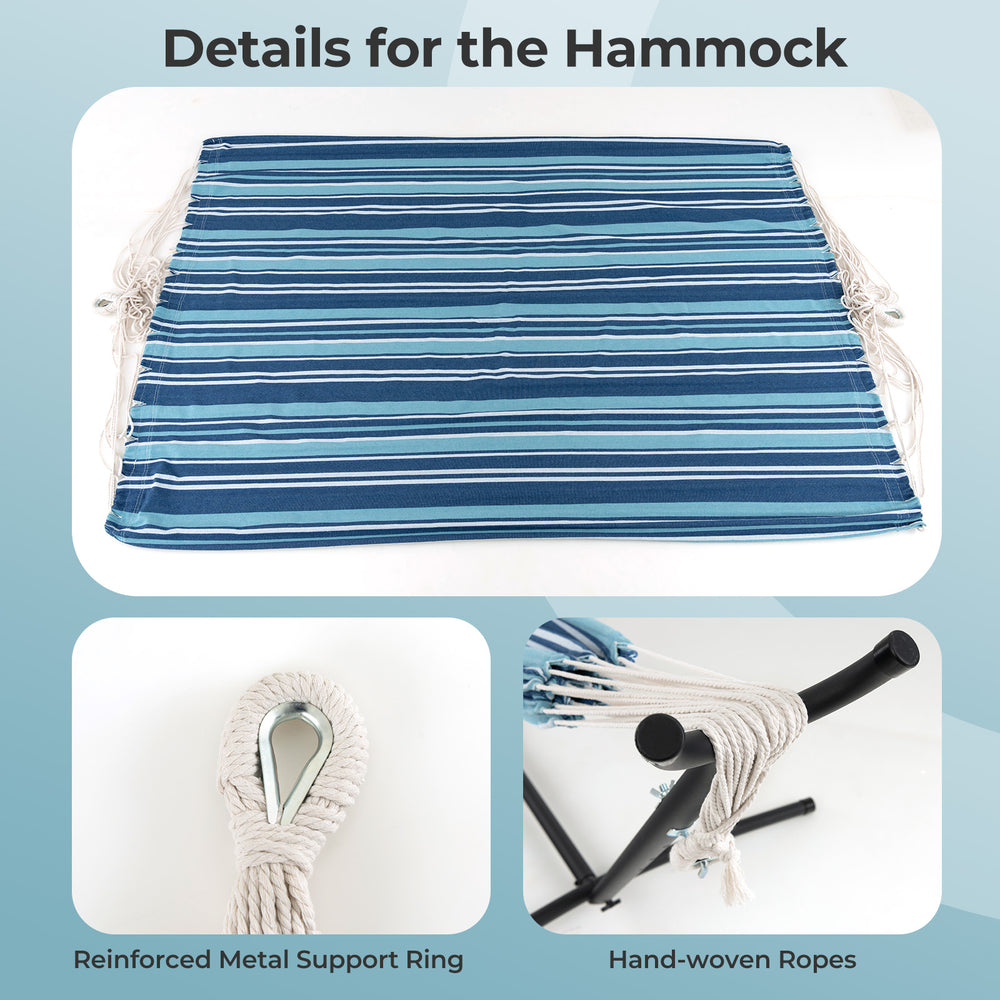 Close-up of the blue striped hammock showing reinforced metal support ring and hand-woven ropes for durability.