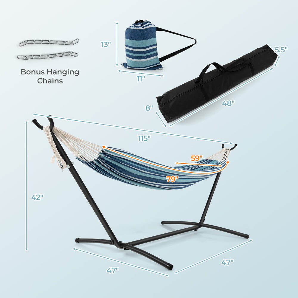 Double hammock set with stand, blue fabric, adjustable height, includes carrying cases and bonus hanging chains for.