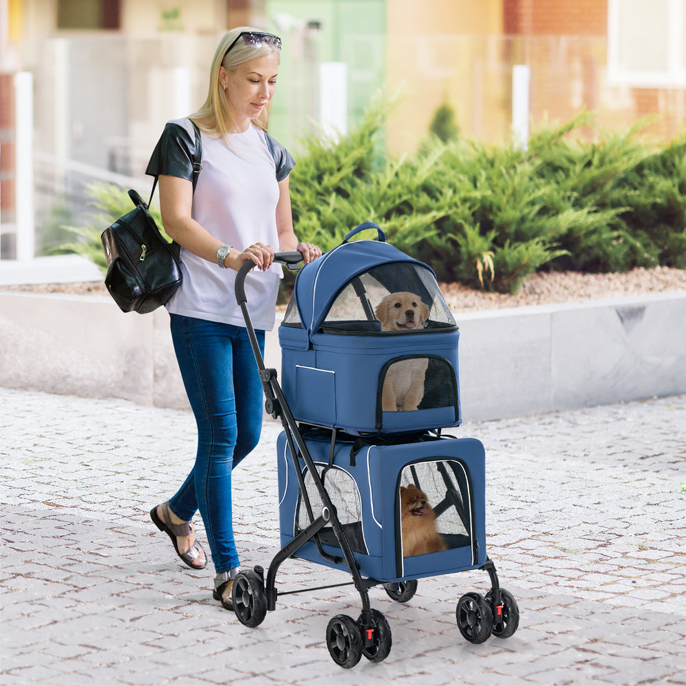 Blue double pet stroller with removable bed and safety belt, providing a secure and comfortable travel solution for.