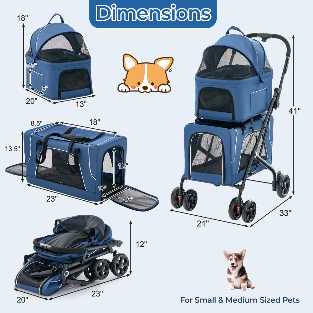 Double pet stroller in blue with detachable carriers, featuring breathable mesh and foldable design for small pets.