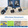 Double pet stroller with 360° rotatable front wheels and sturdy frame, ideal for effortless movement on various.