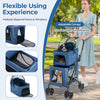 Double pet stroller in blue with adjustable canopy, featuring multiple zippered doors and breathable mesh for.