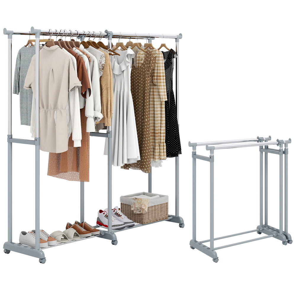 Double rod clothes rack with adjustable height and extendable width, featuring heavy-duty metal construction for.