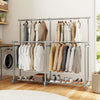 Double rod clothes rack with adjustable height and extendable width, featuring sturdy metal construction for versatile.