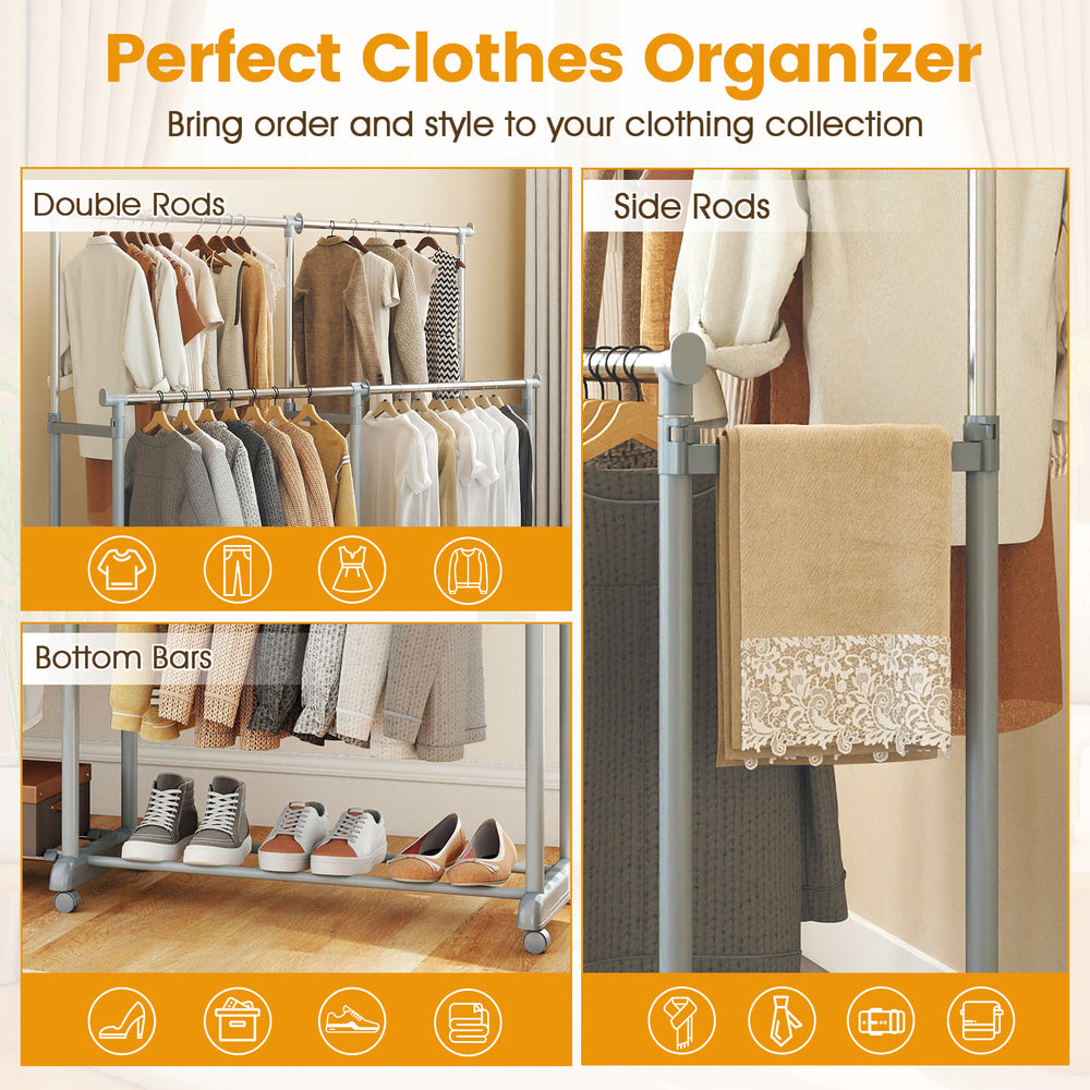 Double rod clothes rack with adjustable height and extendable width, featuring side and bottom bars for maximum storage.