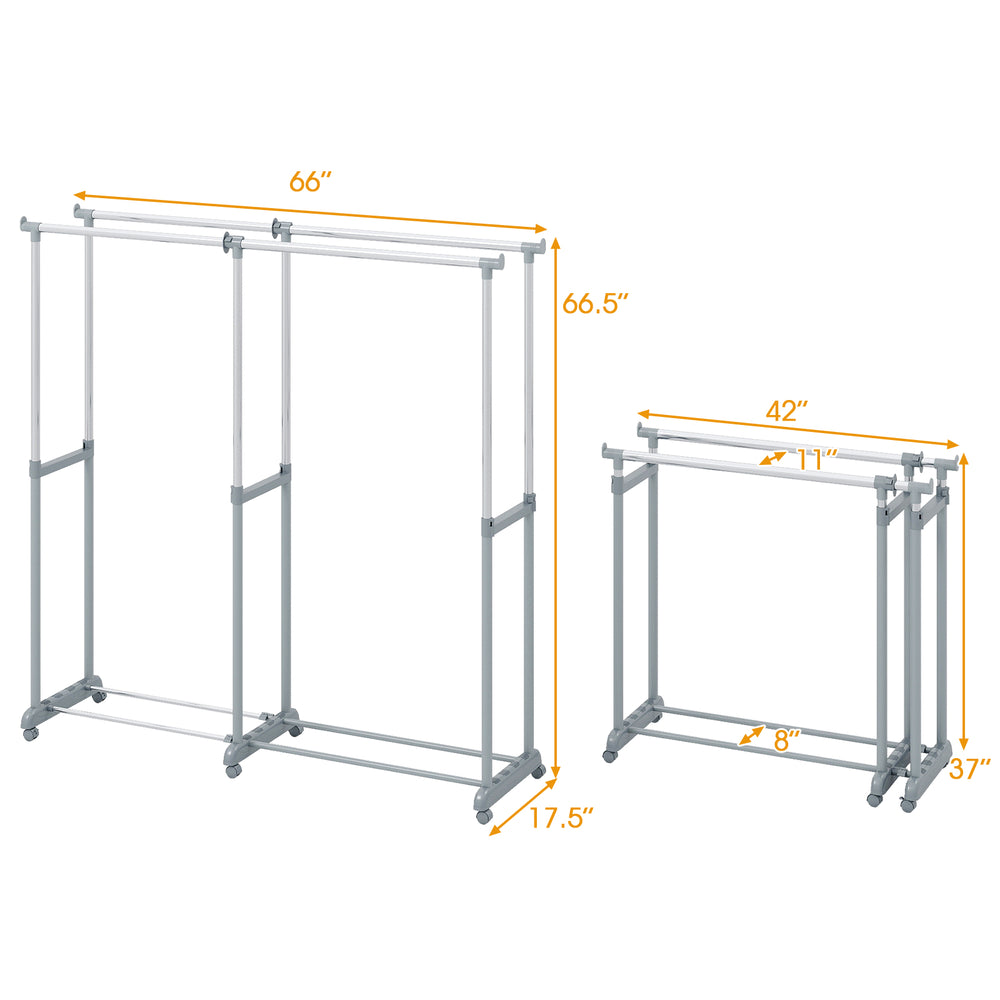 Double rod clothes rack with adjustable height and extendable width, featuring sturdy metal construction and.
