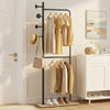 Double rods clothes hanging rack with rubber wood hooks and wooden shelf for shoe storage, ideal for stylish.