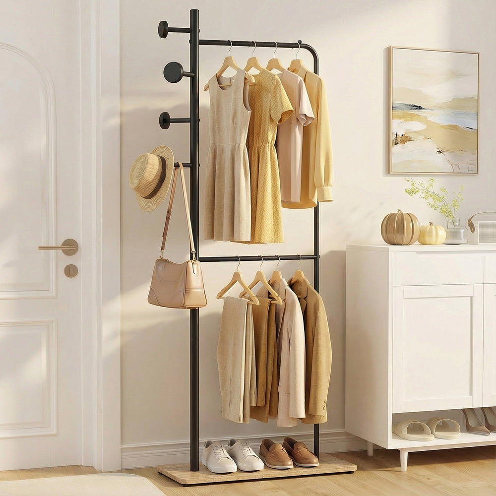 Double rods clothes hanging rack with rubber wood hooks and wooden shelf for shoe storage, ideal for stylish.