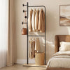 Double rods clothes hanging rack with rubber wood hooks and wooden shelf, perfect for stylish bedroom organization.