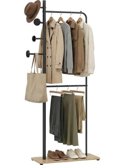 Costway Double Rod Clothes Hanging Rack Rubber Wood Hooks 34426223 New