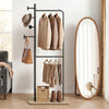 Double rods clothes hanging rack with rubber wood hooks, featuring stylish design and adjustable foot pads for.