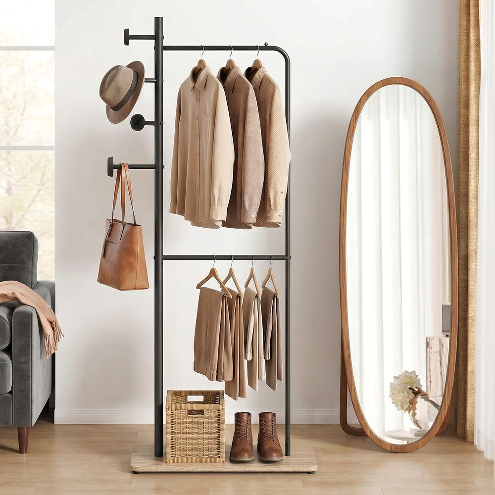 Double rods clothes hanging rack with rubber wood hooks, featuring stylish design and adjustable foot pads for.