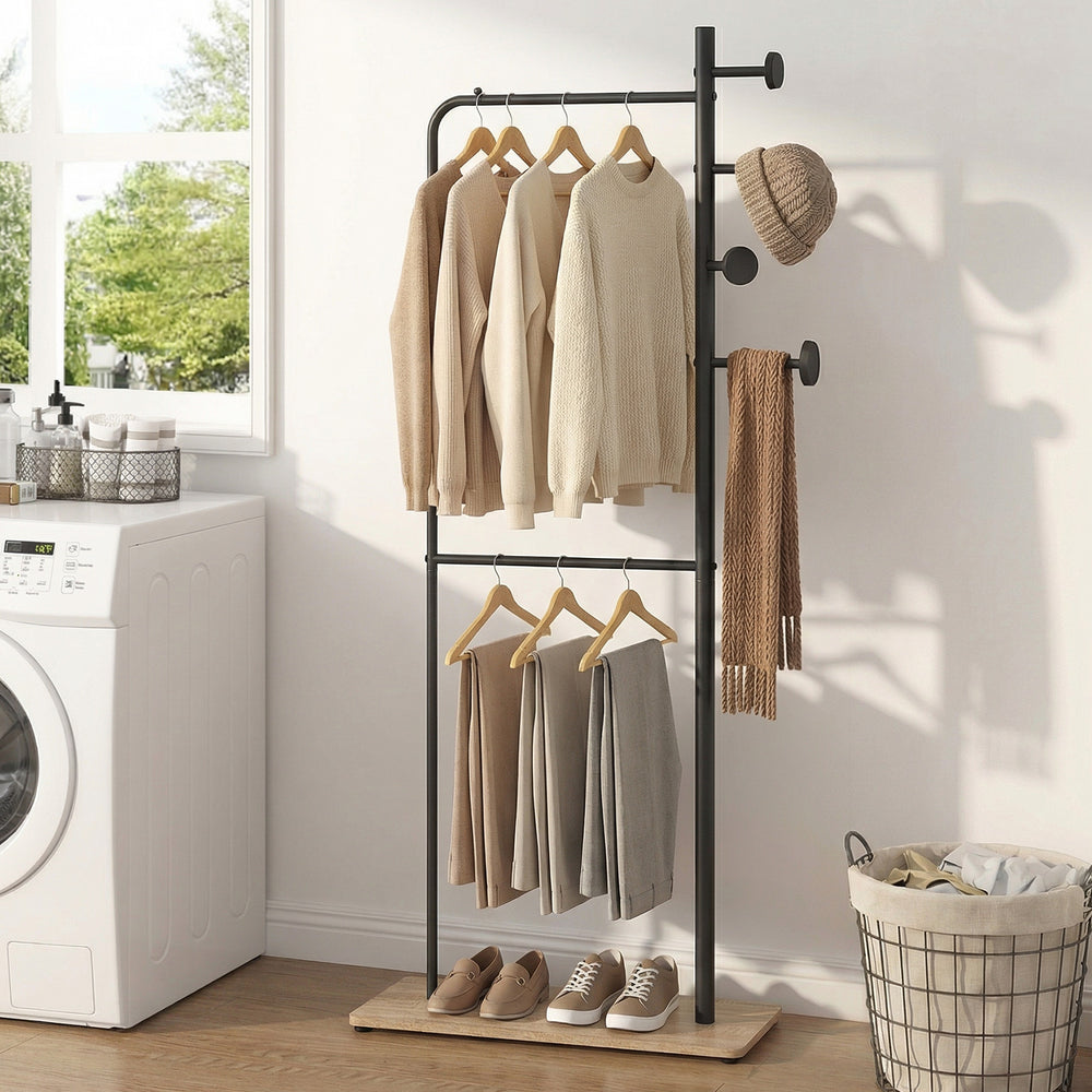 Double rods clothes hanging rack with rubber wood hooks, featuring a wooden shelf for shoes, ideal for laundry rooms.