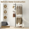 Double rods clothes hanging rack with thick metal pipes, rubber wood hooks, and a wooden shelf for shoes, ideal for.