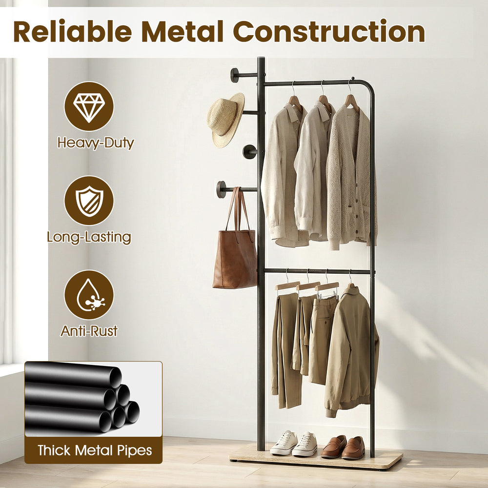 Double rods clothes hanging rack with thick metal pipes, rubber wood hooks, and a wooden shelf for shoes, ideal for.