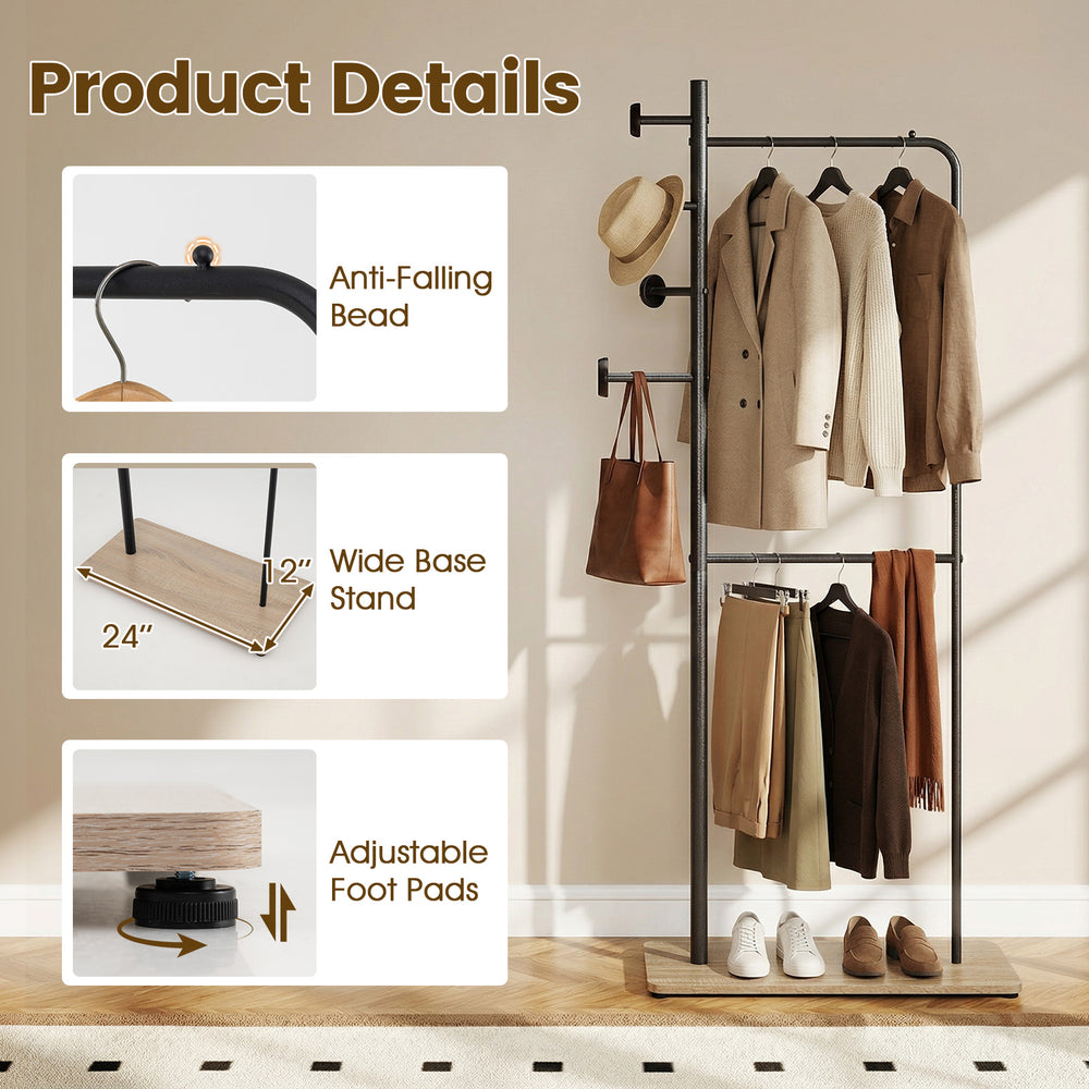 Double rods clothes hanging rack with rubber wood hooks and wooden shelf, ideal for bedrooms and laundry rooms.