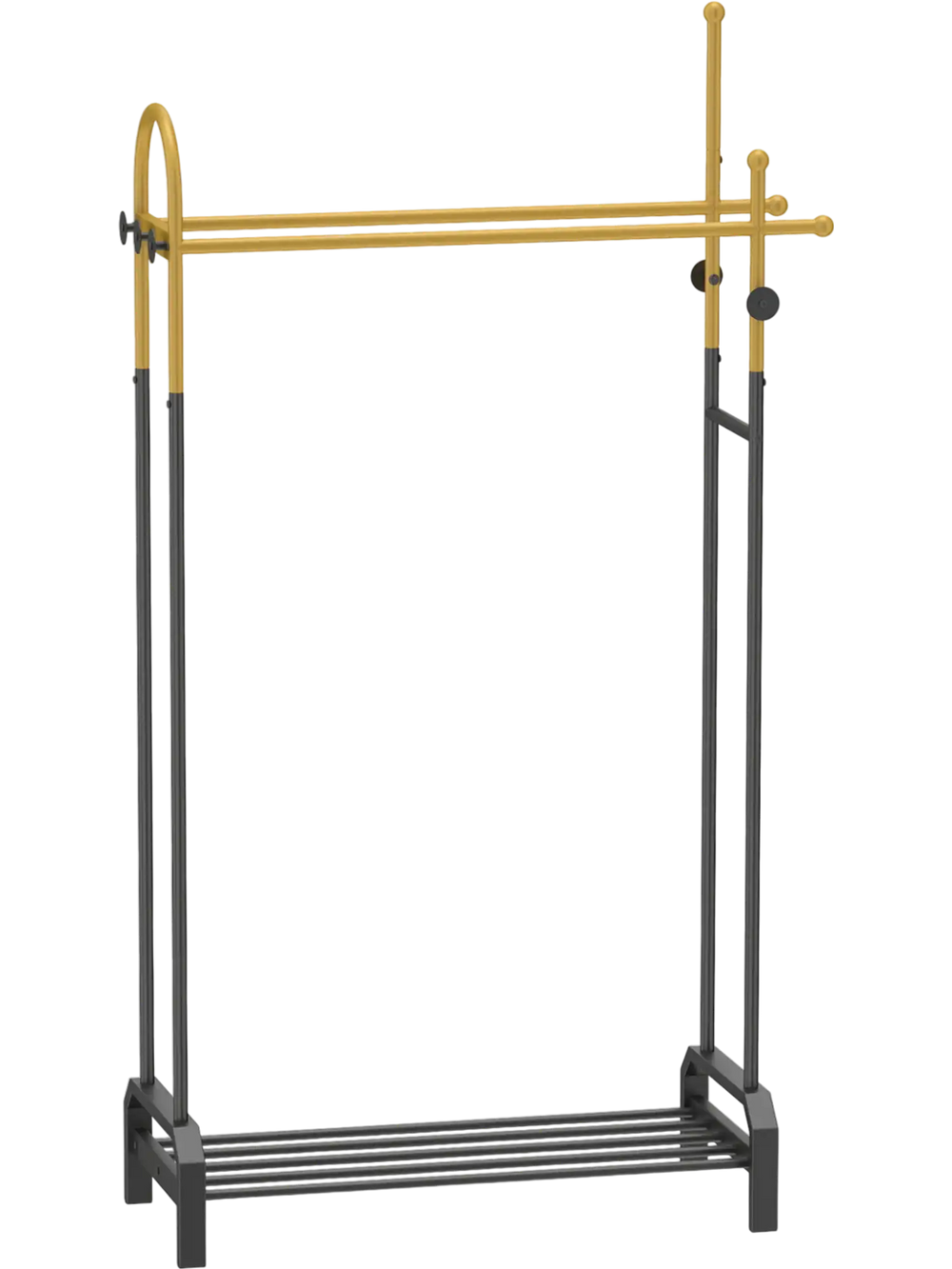 Double rods garment rack in gold and black with side hooks and bottom shelf, ideal for stylish clothing storage.