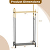 Double rods garment rack in gold and black, featuring ample storage, side hooks, and a bottom shelf for shoes.