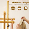 Double rods garment rack in gold with rounded design, featuring hooks for coats and a bottom shelf for shoes.