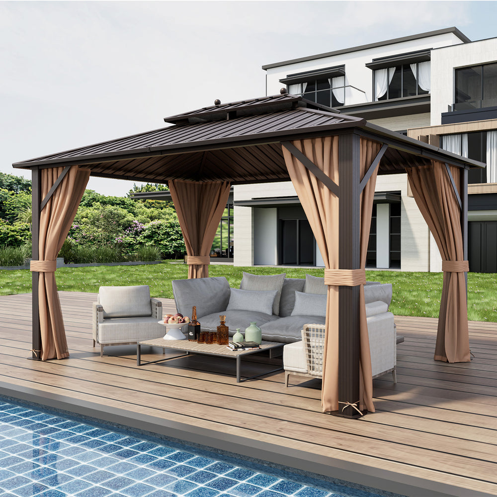 Double-roof patio gazebo with galvanized steel roof, curtains, and netting, perfect for outdoor relaxation by the pool.