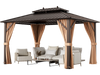 10x13ft double-roof patio hardtop gazebo with galvanized steel roof, featuring curtains and netting for outdoor comfort.