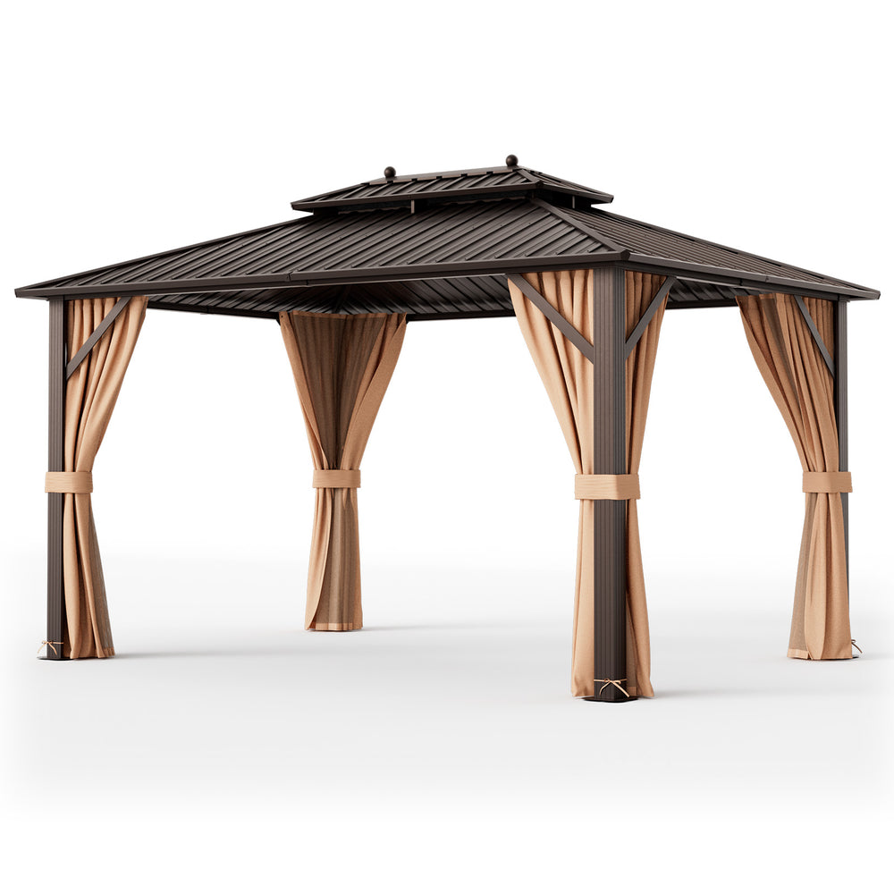 10x13ft double-roof patio hardtop gazebo with galvanized steel roof and curtains, ideal for outdoor gatherings.