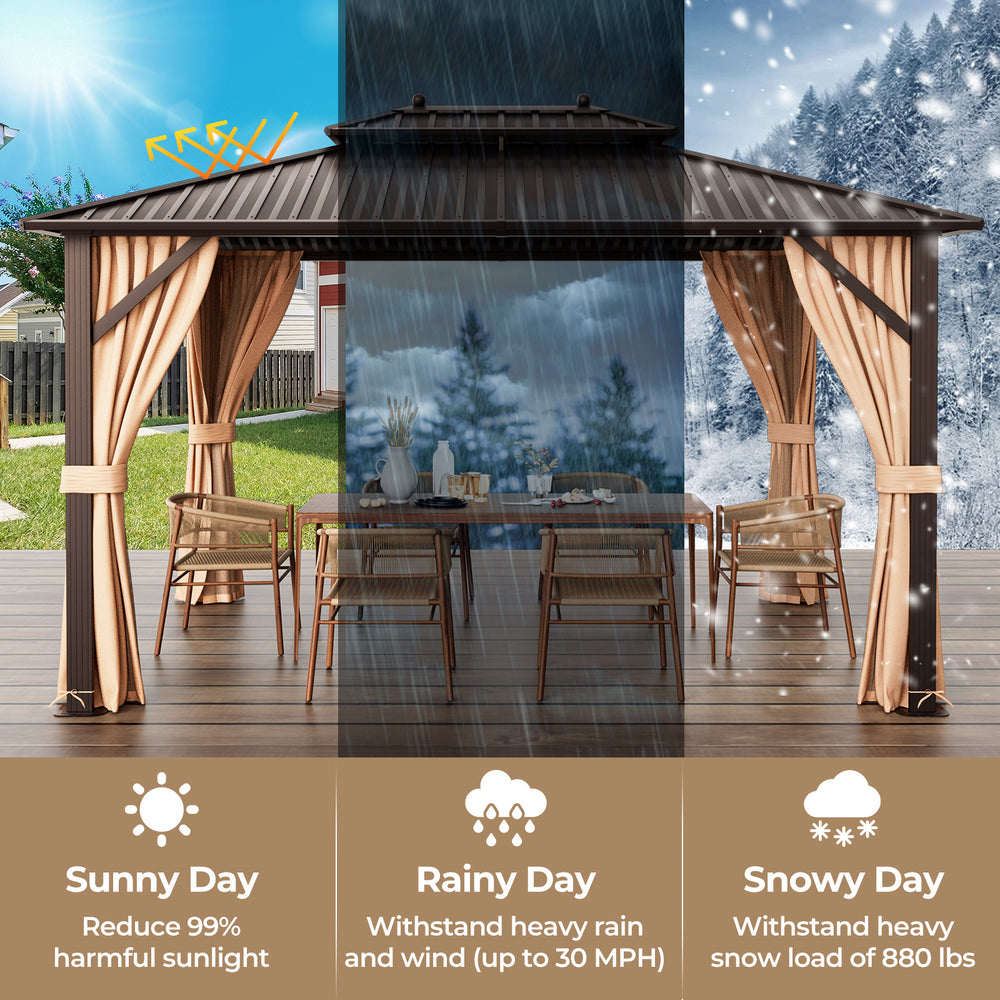 10x13ft double-roof patio gazebo with galvanized steel roof and curtains, ideal for all-season outdoor use.