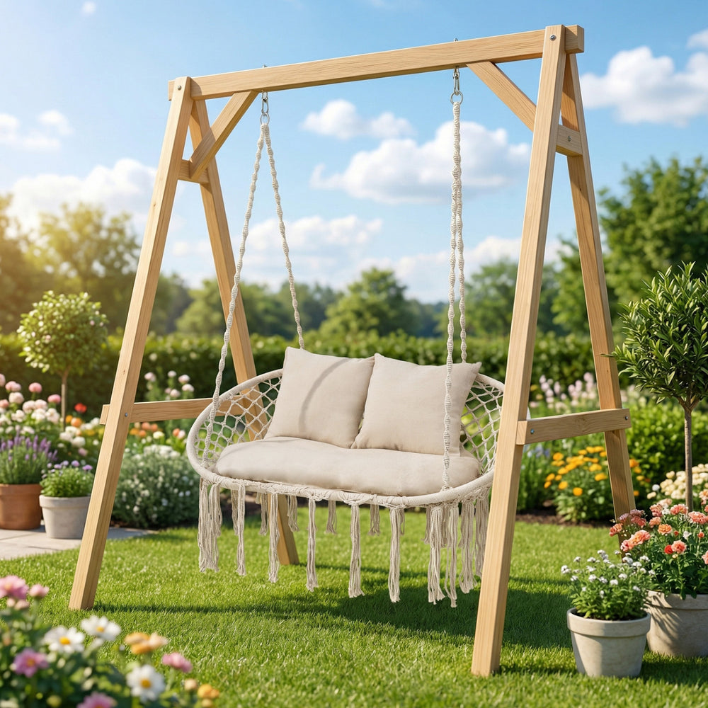 Double Swing Chair with Cushions Macrame Hanging Hammock Chair for Indoor and Outdoor Use - Gallery View 3 of 10