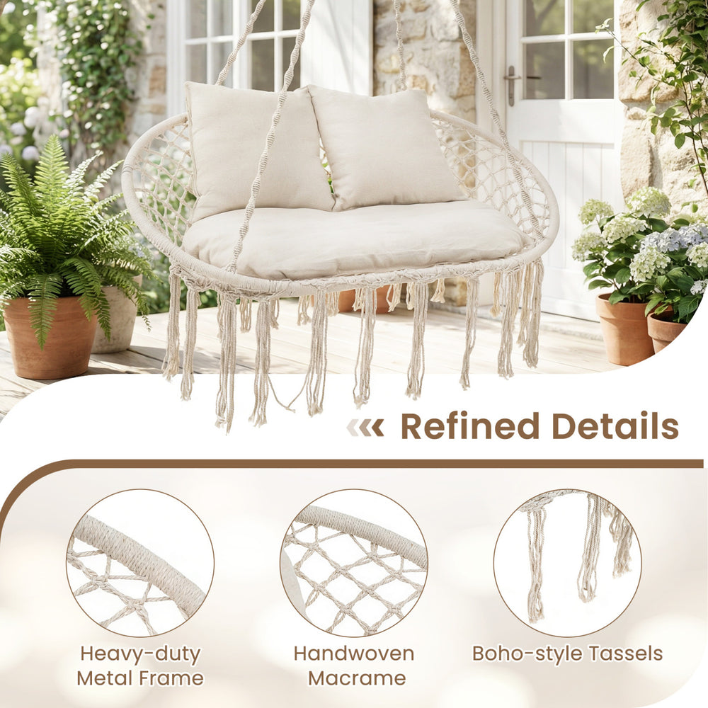 Double Swing Chair with Cushions Macrame Hanging Hammock Chair for Indoor and Outdoor Use - Gallery View 9 of 10