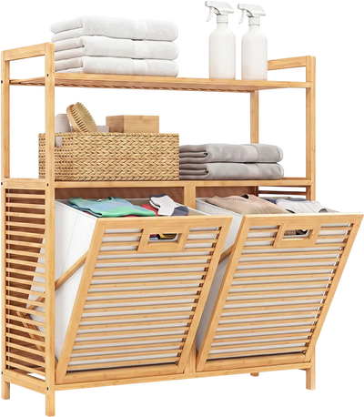 Costway Double Tilt-Out Laundry Hamper Cabinet w/ 2 Shelves 90936226 New