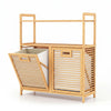 Double tilt-out laundry hamper with natural bamboo frame, featuring two removable baskets and two open shelves for storage.