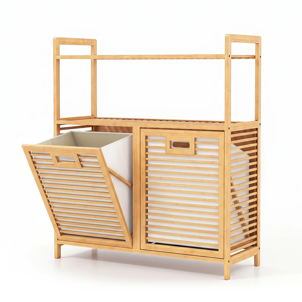 Double tilt-out laundry hamper with natural bamboo frame, featuring two removable baskets and two open shelves for storage.
